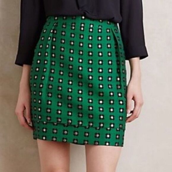Anthropologie HD Paris Green Floral Mini Skirt Size 4‎ Retro Twee Career - Picture 2 of 14